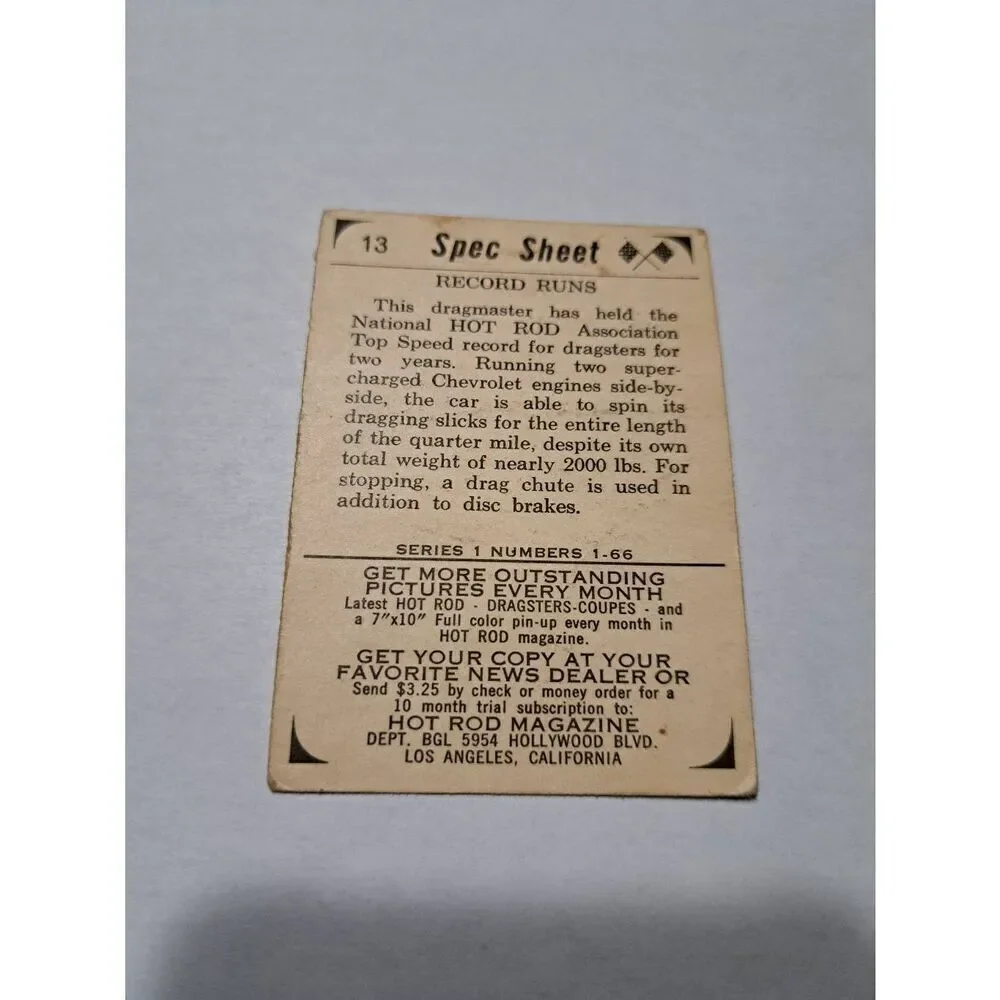 Vintage 1965 Hot Rod Magazine #13 Spec Sheet Record Runs Trading Card